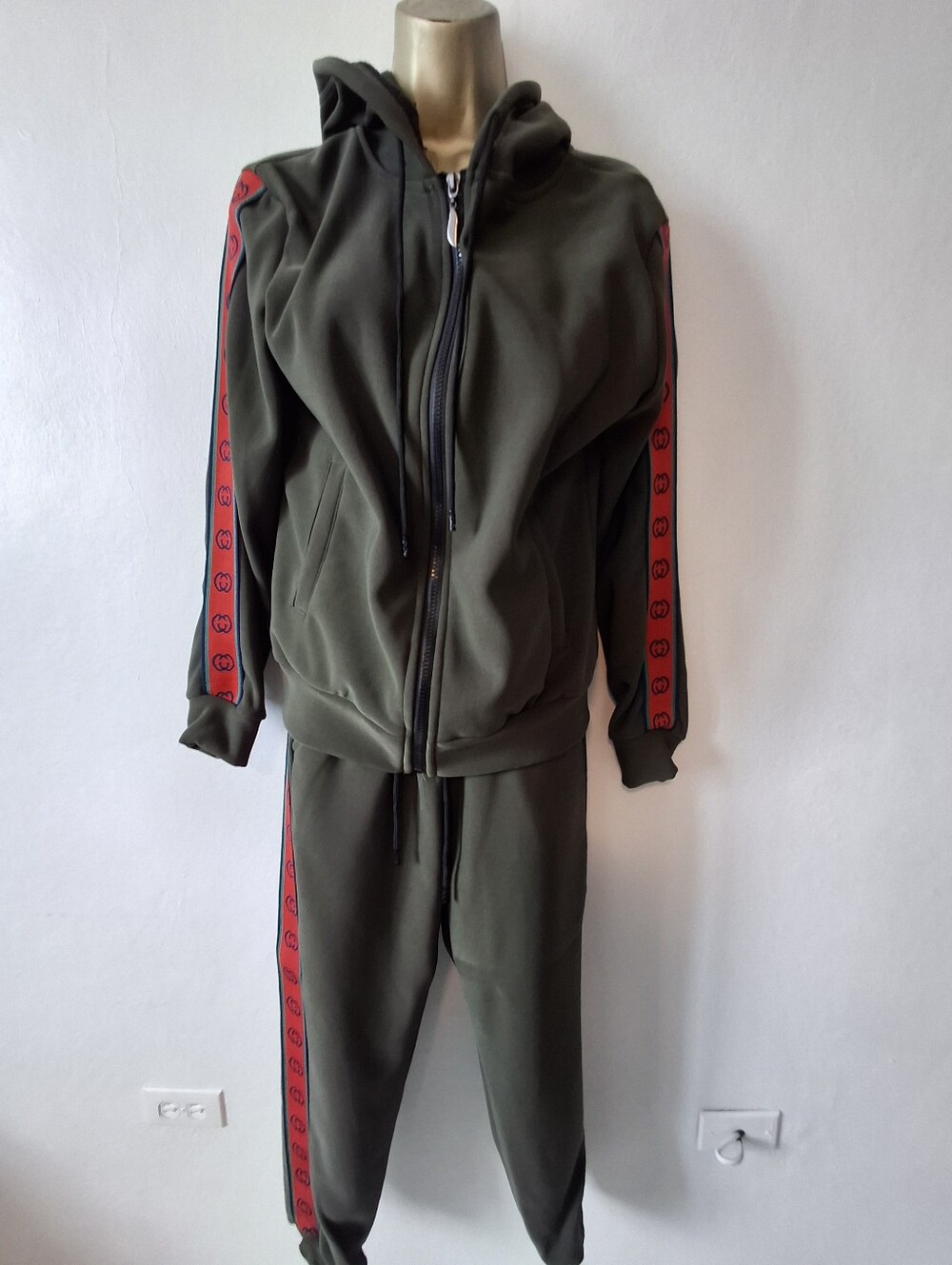 Olive Green Hoodie & Jogger Set  Fleece with Red Trim